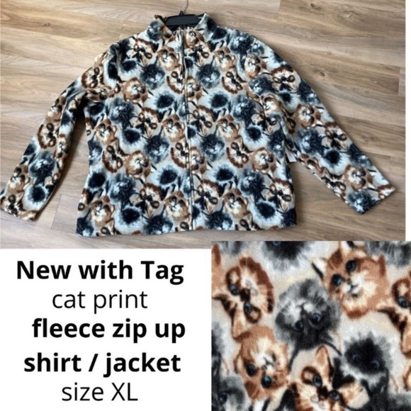cat print fleece zip shirt jacket cat animal print size XL - Picture 2 of 11